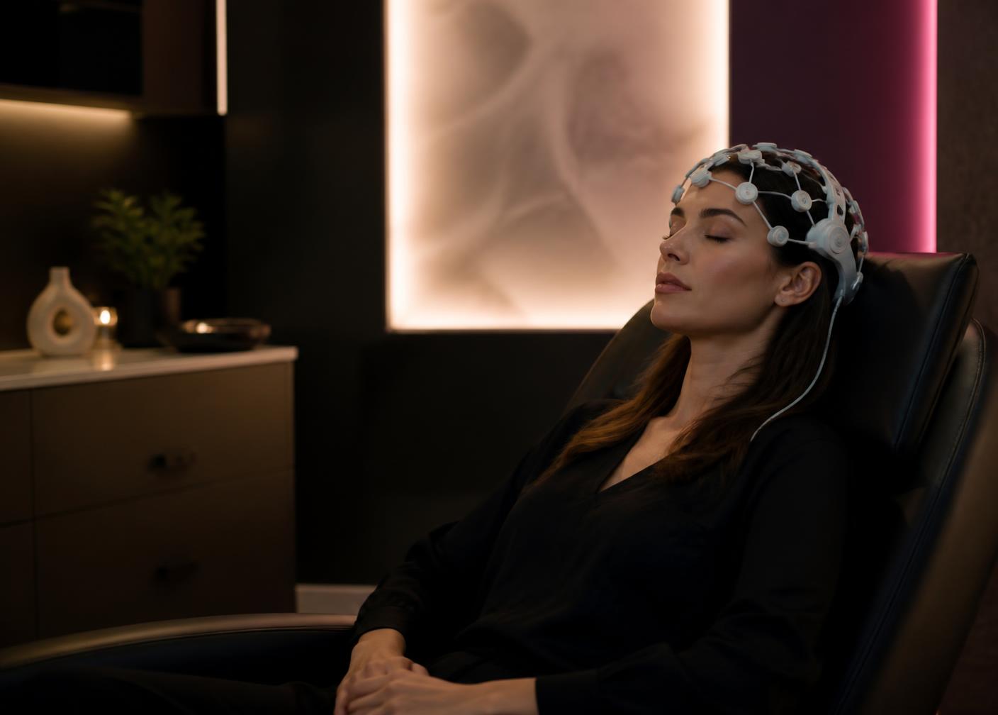 A guest reclining in a private room wearing a multi-node EEG headset