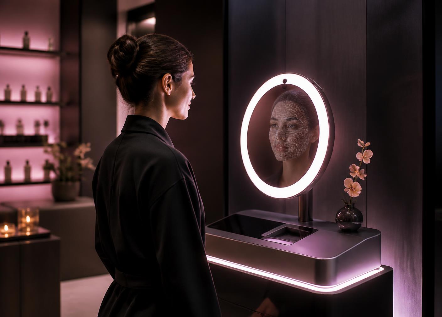 A guest at a contactless face-scan kiosk with a ring light