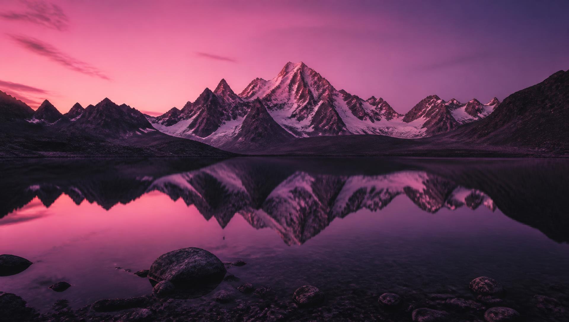 Alpine mountain range reflected in a still lake at dusk